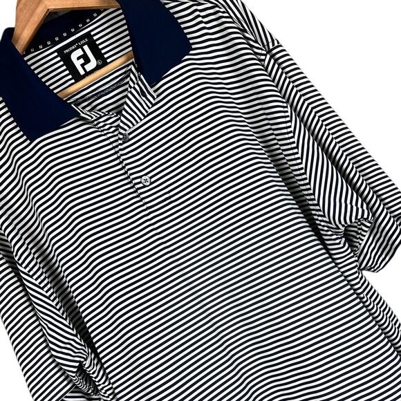 FOOTJOY FJ Men's L Blue White Striped Prodry Lisle Performance Wicking Golf Polo - Picture 1 of 7